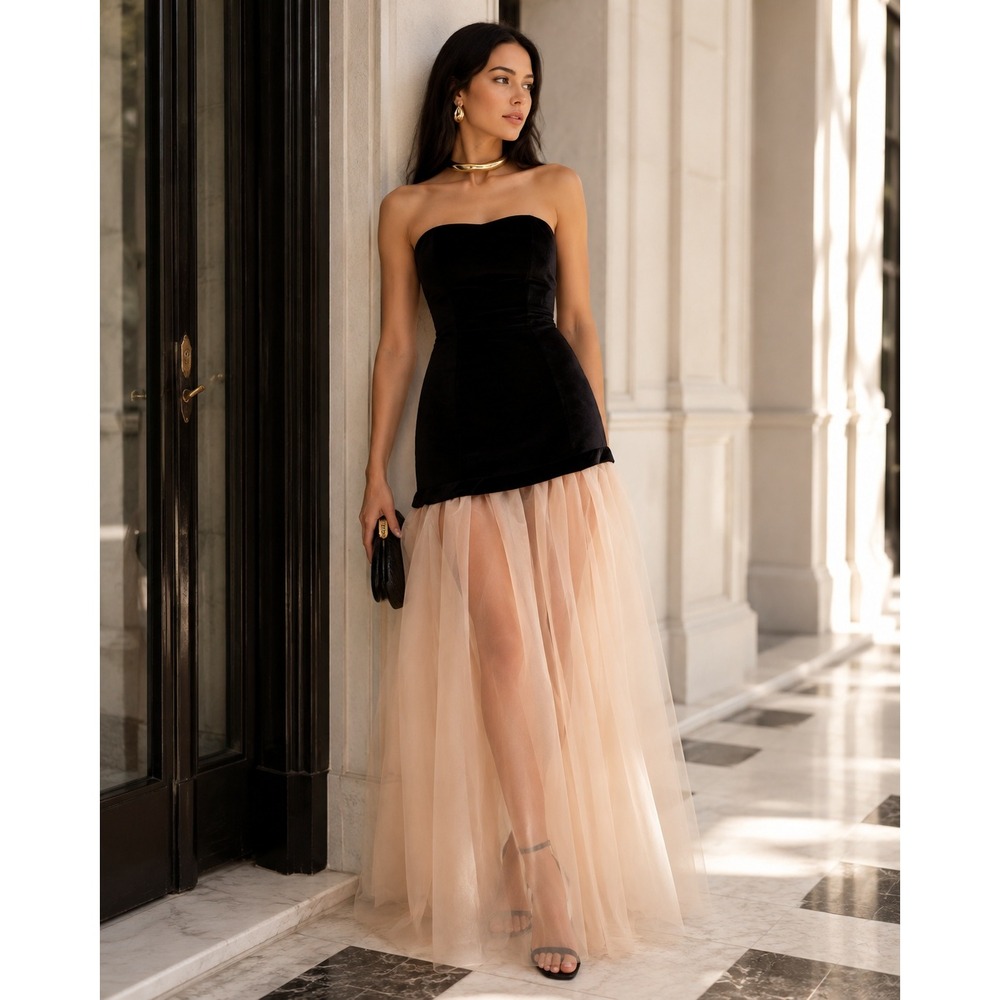 Commense Black Velvet Strapless Tulle Maxi Dress Sheer Overlay Evening Gown M